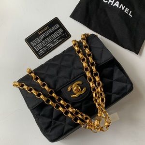 CHANEL 🖤RARE Vintage “1” Series Real Gold Bijoux Chain Black Satin Quilted Bag